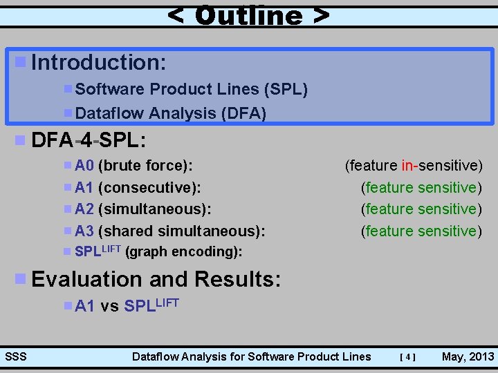 < Outline > Introduction: Software Product Lines (SPL) Dataflow Analysis (DFA) DFA-4 -SPL: A