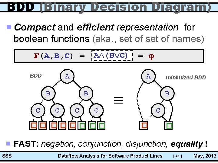 BDD (Binary Decision Diagram) Compact and efficient representation for boolean functions (aka. , set