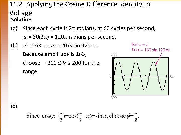 11. 2 Applying the Cosine Difference Identity to Voltage Solution (a) Since each cycle
