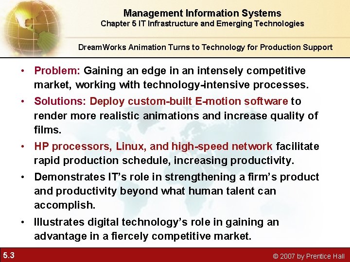 Management Information Systems Chapter 5 IT Infrastructure and Emerging Technologies Dream. Works Animation Turns