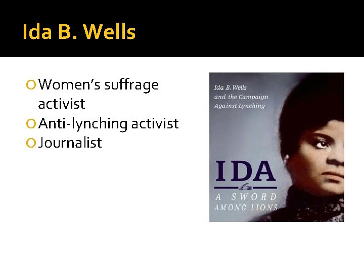 Ida B. Wells Women’s suffrage activist Anti-lynching activist Journalist 