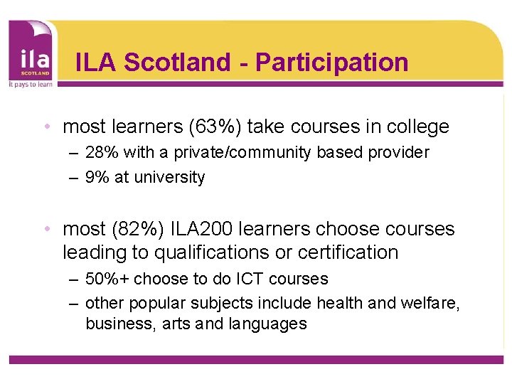 ILA Scotland - Participation • most learners (63%) take courses in college – 28%