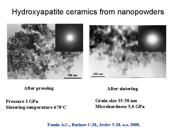 Hydroxyapatite ceramics from nanopowders After pressing Pressure 3 GPa Sintering temperature 670°С After sintering