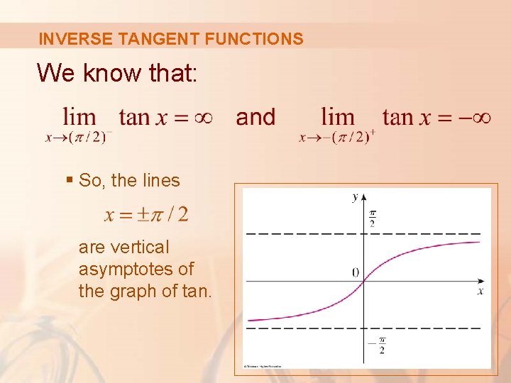 INVERSE TANGENT FUNCTIONS We know that: § So, the lines are vertical asymptotes of