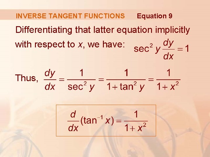 INVERSE TANGENT FUNCTIONS Equation 9 Differentiating that latter equation implicitly with respect to x,