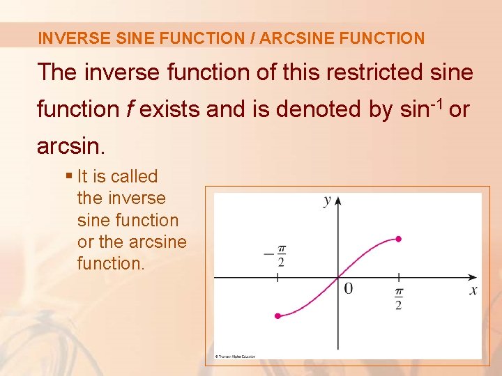 INVERSE SINE FUNCTION / ARCSINE FUNCTION The inverse function of this restricted sine function