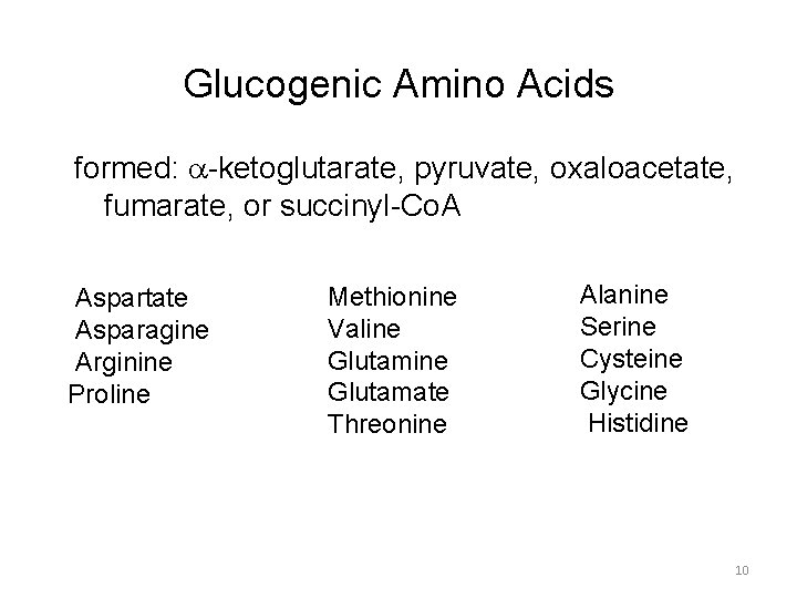 Glucogenic Amino Acids formed: a-ketoglutarate, pyruvate, oxaloacetate, fumarate, or succinyl-Co. A Aspartate Asparagine Arginine