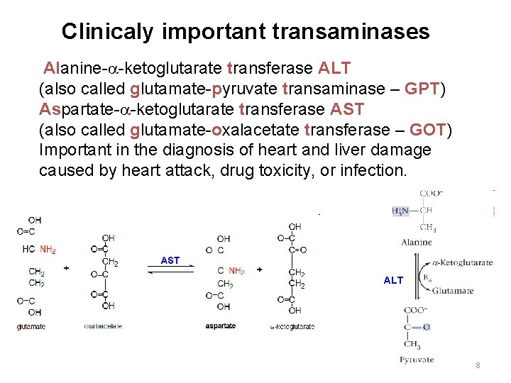 Clinicaly important transaminases Alanine-a-ketoglutarate transferase ALT (also called glutamate-pyruvate transaminase – GPT) Aspartate-a-ketoglutarate transferase