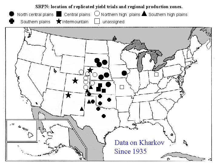 SRPN: location of replicated yield trials and regional production zones. North central plains Southern