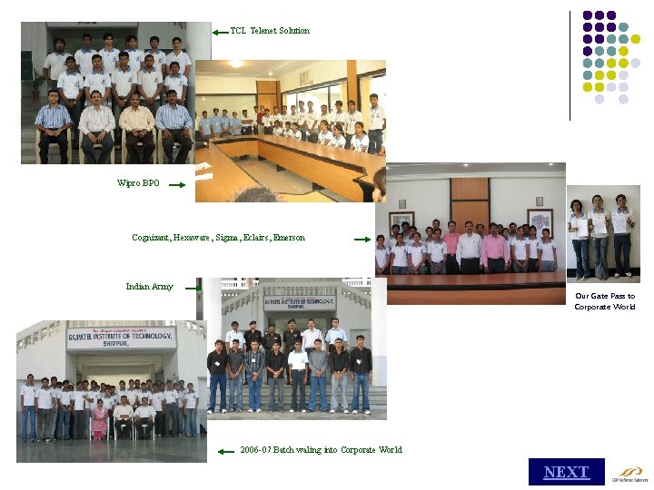 TCL Telenet Solution Wipro BPO Cognizant, Hexaware, Sigma, Eclairs, Emerson Indian Army Our Gate