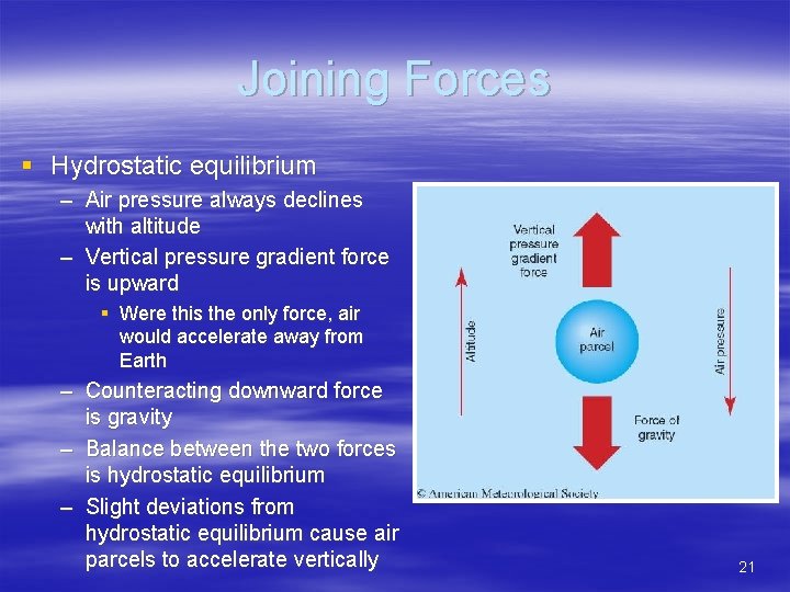 Joining Forces § Hydrostatic equilibrium – Air pressure always declines with altitude – Vertical
