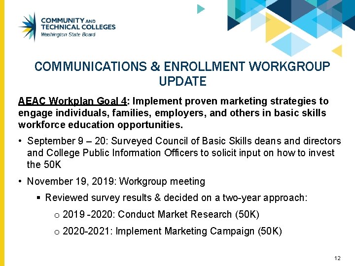 COMMUNICATIONS & ENROLLMENT WORKGROUP UPDATE AEAC Workplan Goal 4: Implement proven marketing strategies to