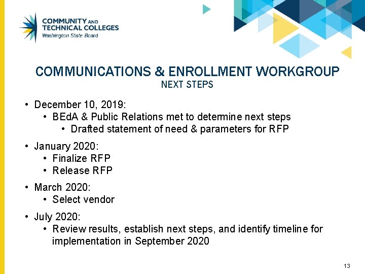 COMMUNICATIONS & ENROLLMENT WORKGROUP NEXT STEPS • December 10, 2019: • BEd. A & COMMUNICATIONS & ENROLLMENT WORKGROUP NEXT STEPS • December 10, 2019: • BEd. A &