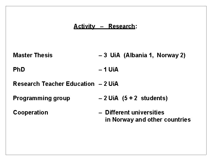 Activity – Research: Master Thesis – 3 Ui. A (Albania 1, Norway 2) Ph.