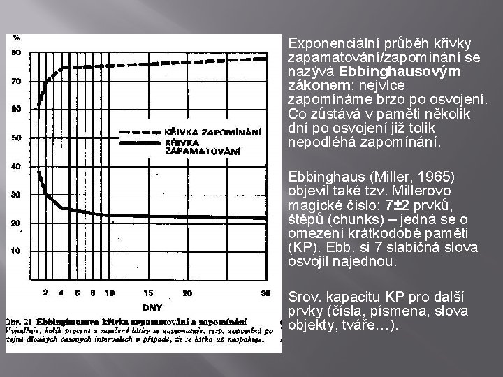 Exponenciální průběh křivky zapamatování/zapomínání se nazývá Ebbinghausovým zákonem: nejvíce zapomínáme brzo po osvojení. Co