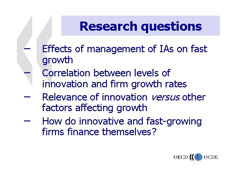 Research questions – – Effects of management of IAs on fast growth Correlation between
