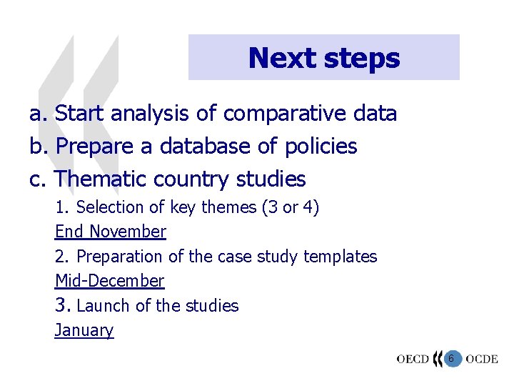 Next steps a. Start analysis of comparative data b. Prepare a database of policies