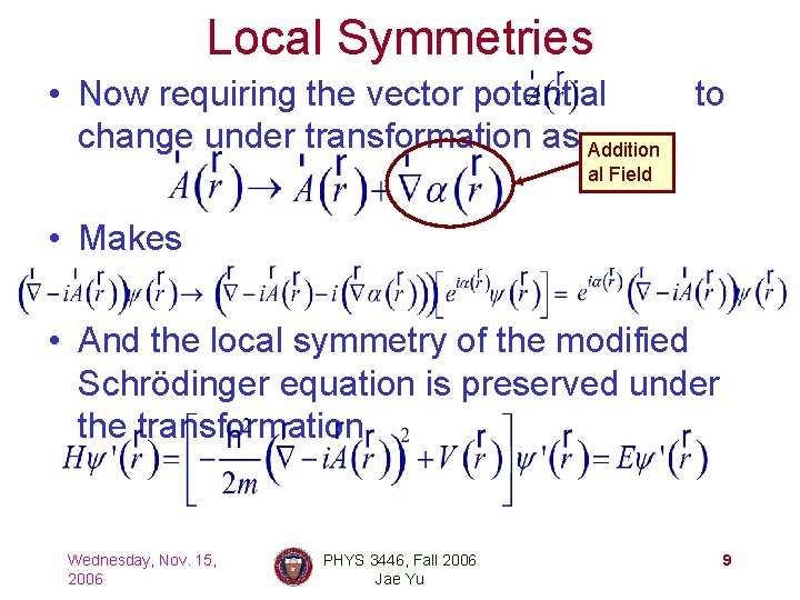 Local Symmetries • Now requiring the vector potential to change under transformation as Addition