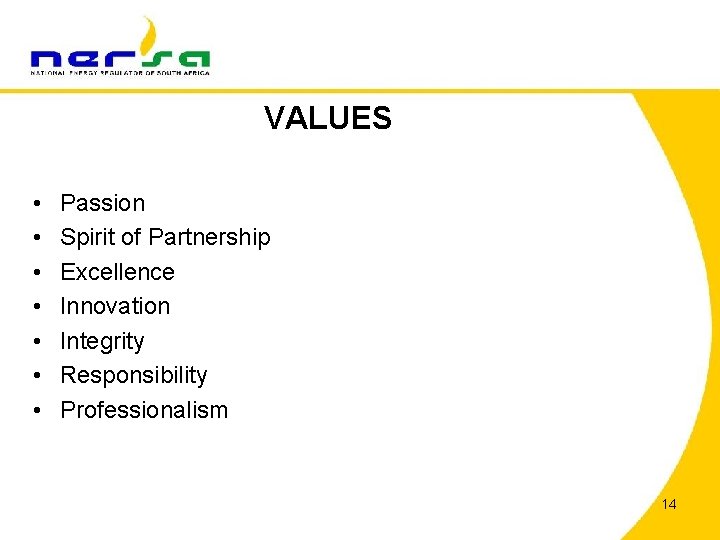 VALUES • • Passion Spirit of Partnership Excellence Innovation Integrity Responsibility Professionalism 14 