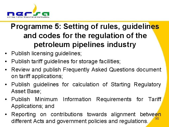 Programme 5: Setting of rules, guidelines and codes for the regulation of the petroleum