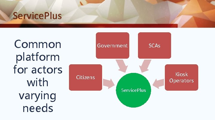 Service. Plus Common platform for actors with varying needs Government SCAs Kiosk Operators Citizens