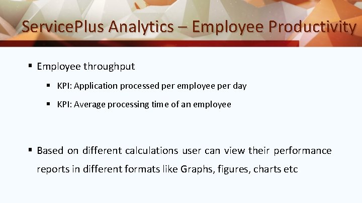 Service. Plus Analytics – Employee Productivity § Employee throughput § KPI: Application processed per