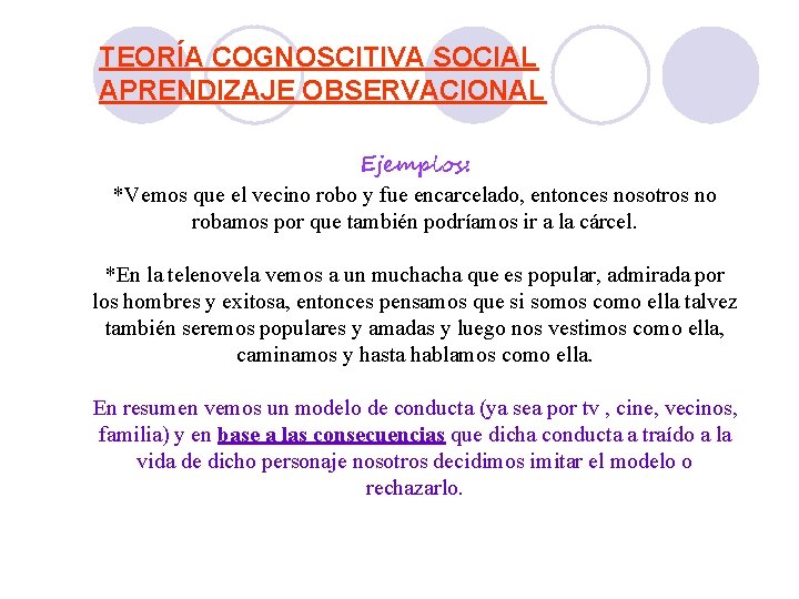 PSICOLOGÍA GENERAL TEORÍA COGNOSCITIVA SOCIAL APRENDIZAJE OBSERVACIONAL Ejemplos: *Vemos que el vecino robo y