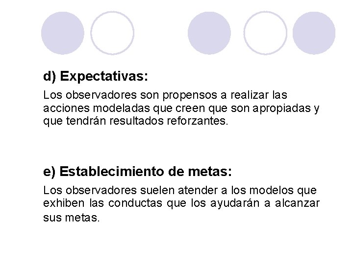 PSICOLOGÍA GENERAL d) Expectativas: Los observadores son propensos a realizar las acciones modeladas que