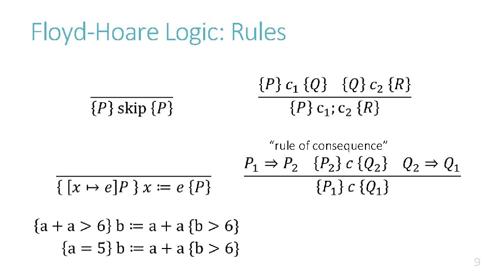 Floyd-Hoare Logic: Rules “rule of consequence” 9 