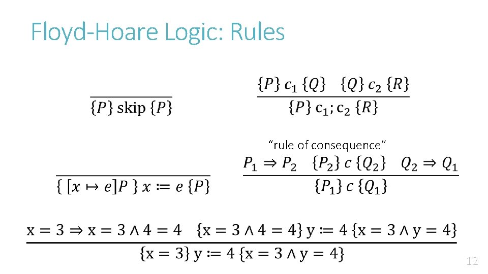 Floyd-Hoare Logic: Rules “rule of consequence” 12 