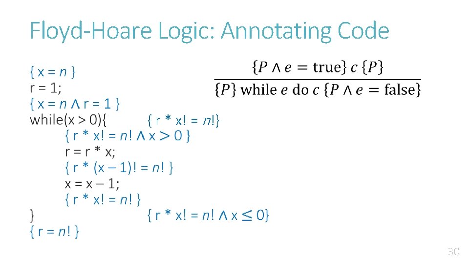 Floyd-Hoare Logic: Annotating Code • { r * x! = n!} 30 