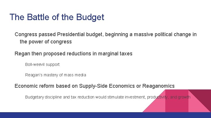 The Battle of the Budget Congress passed Presidential budget, beginning a massive political change