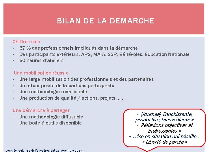 BILAN DE LA DEMARCHE Chiffres clés - 67 % des professionnels impliqués dans la