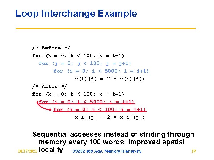 Loop Interchange Example /* Before */ for (k = 0; k < 100; k