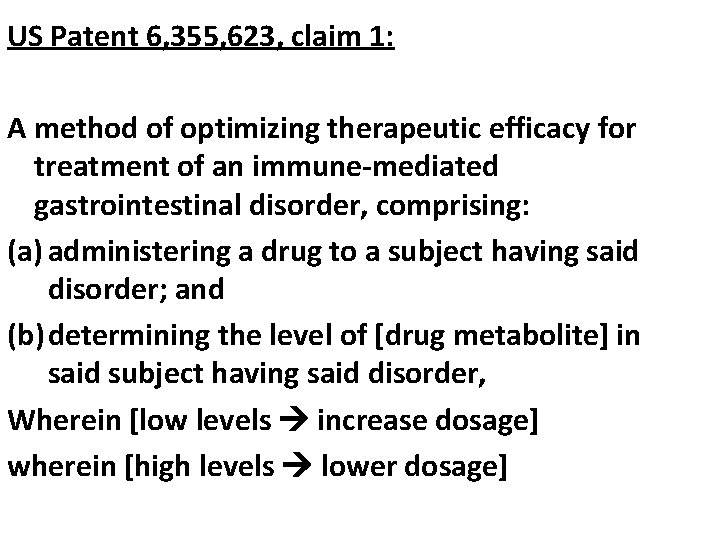 US Patent 6, 355, 623, claim 1: A method of optimizing therapeutic efficacy for