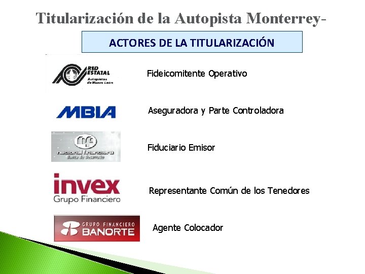 Titularización de la Autopista Monterrey. Cadereyta ACTORES DE LA TITULARIZACIÓN Fideicomitente Operativo Aseguradora y