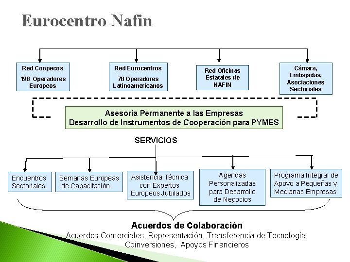 Eurocentro Nafin Red Coopecos Red Eurocentros 198 Operadores Europeos 78 Operadores Latinoamericanos Cámara, Embajadas,