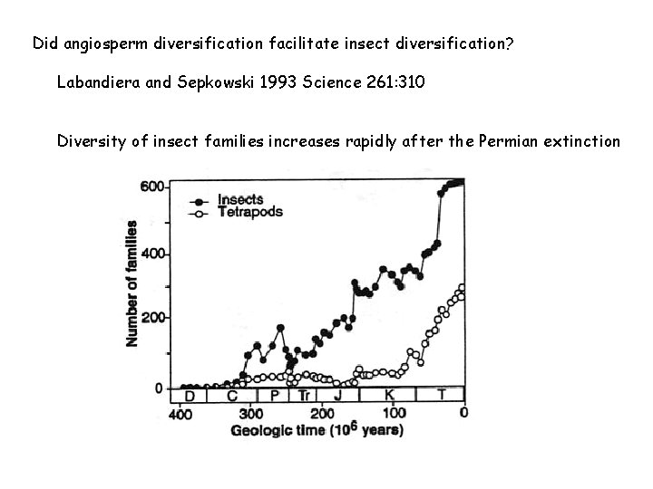 Did angiosperm diversification facilitate insect diversification? Labandiera and Sepkowski 1993 Science 261: 310 Diversity