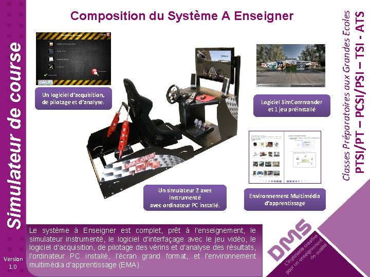 Logiciel Sim. Commander et 1 jeu préinstallé Un simulateur 2 axes instrumenté avec ordinateur