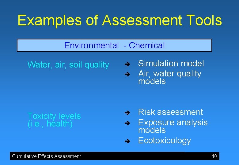 Examples of Assessment Tools Environmental - Chemical Water, air, soil quality è è Toxicity