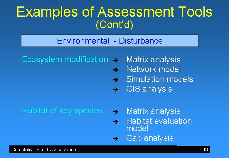 Examples of Assessment Tools (Cont’d) Environmental - Disturbance Ecosystem modification è è Habitat of