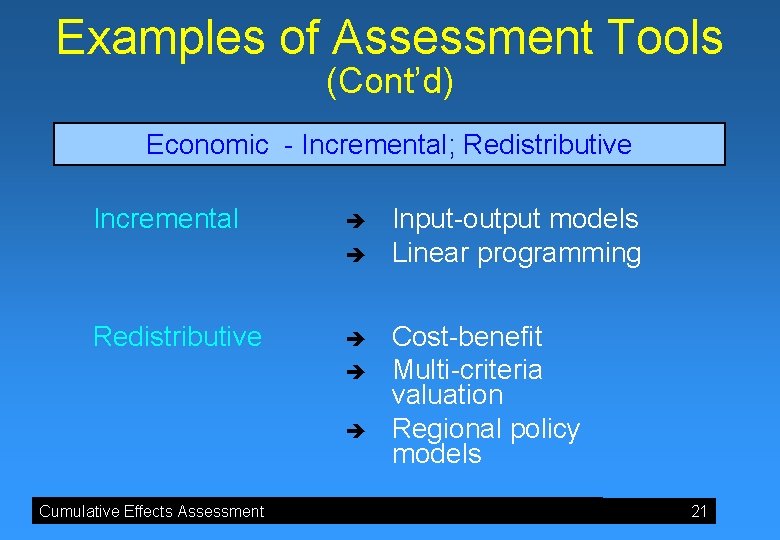 Examples of Assessment Tools (Cont’d) Economic - Incremental; Redistributive Incremental è è Redistributive è