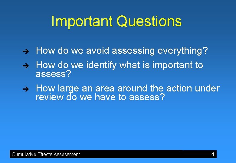 Important Questions è How do we avoid assessing everything? è How do we identify