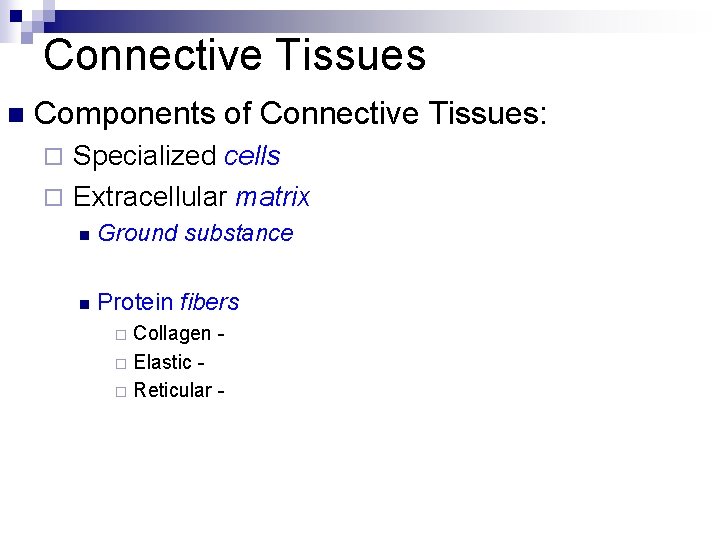 Connective Tissues n Components of Connective Tissues: Specialized cells ¨ Extracellular matrix ¨ n