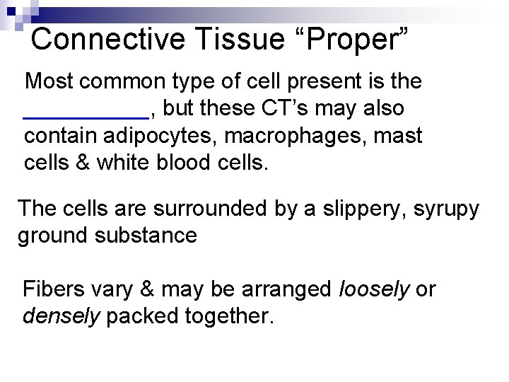 Connective Tissue “Proper” Most common type of cell present is the _____, but these