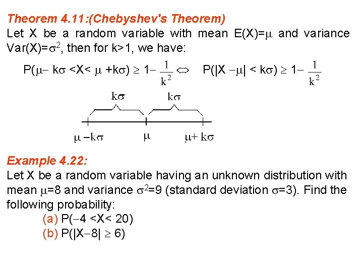 Theorem 4. 11: (Chebyshev's Theorem) Let X be a random variable with mean E(X)=