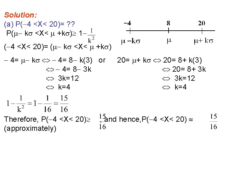 Solution: (a) P( 4 <X< 20)= ? ? P( k <X< +k ) 1