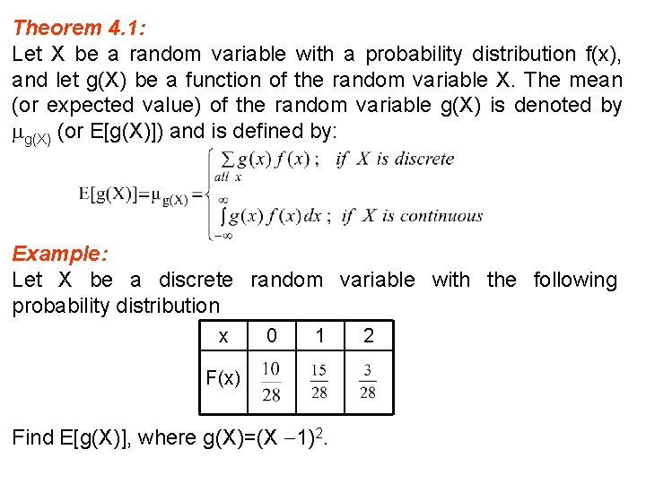 Theorem 4. 1: Let X be a random variable with a probability distribution f(x),