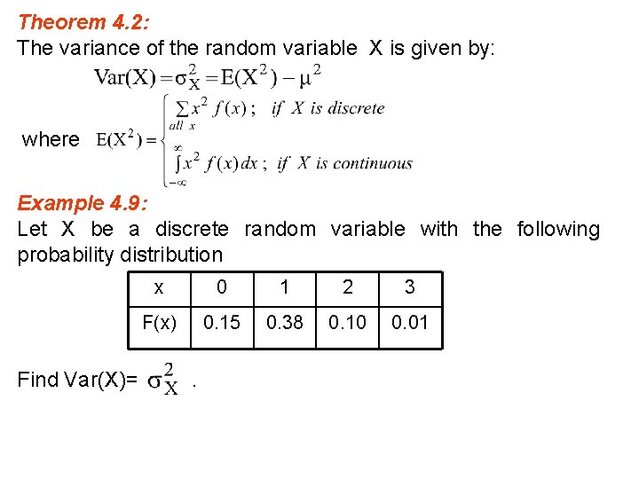 Theorem 4. 2: The variance of the random variable X is given by: where