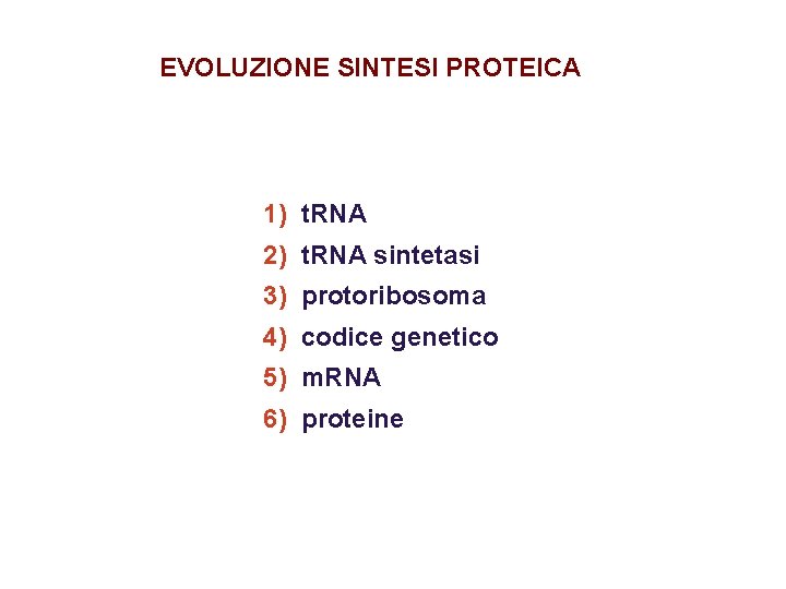 EVOLUZIONE SINTESI PROTEICA 1) t. RNA 2) t. RNA sintetasi 3) protoribosoma 4) codice